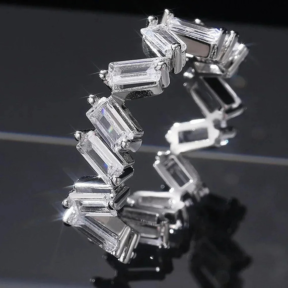 🔥Shiny Irregular Rectangle Gems Full Around Zircon Silver Eternity Ring, K804 - Picture 2 of 4